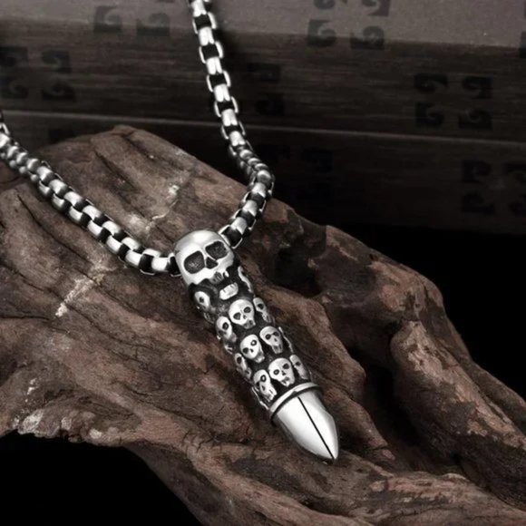 New Trendy Silver Skull Bullet Necklace for women/men - Picture 2 of 7